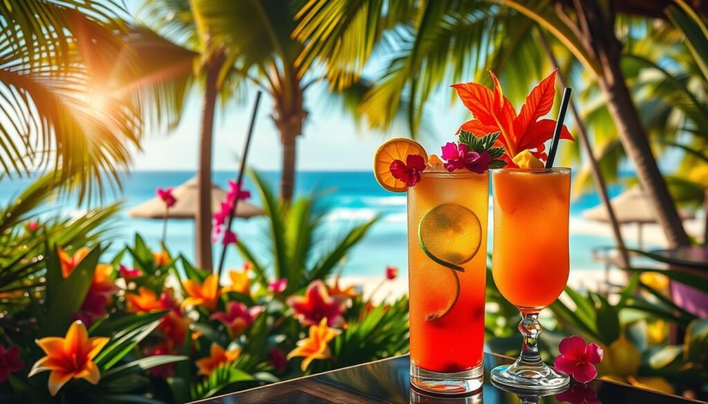 Cocktail tropical Paradise avec décorations exotiques Cocktail tropical Paradise avec décorations exotiques